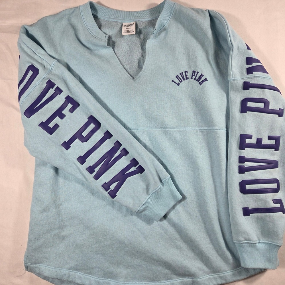 Victoria's Secret PINK Sweatshirt Light Blue V-Neck Logo Pullover Medium